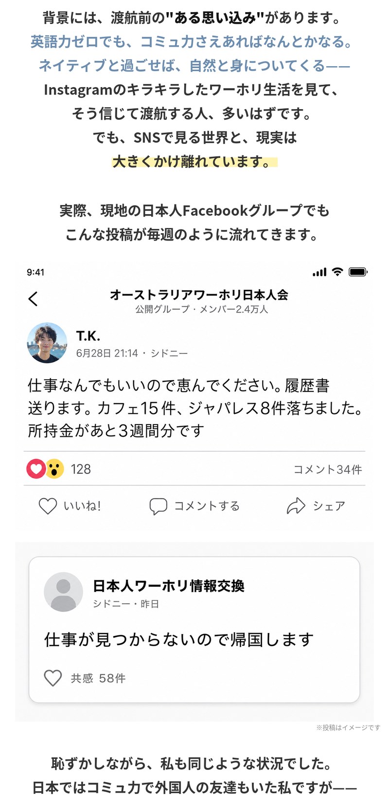 背景にあるのは渡航前の思い込みで、英語力ゼロでもコミュ力さえあればなんとかなる、ネイティブと過ごせば自然と身についてくる、というもの。SNSで見る世界と現実は大きくかけ離れています。現地の日本人向けSNSグループの投稿例として、カフェ15件とジャパレス8件に落ちて所持金があと3週間分という書き込みや、仕事が見つからないので帰国しますという投稿が示されています（投稿はイメージ）。