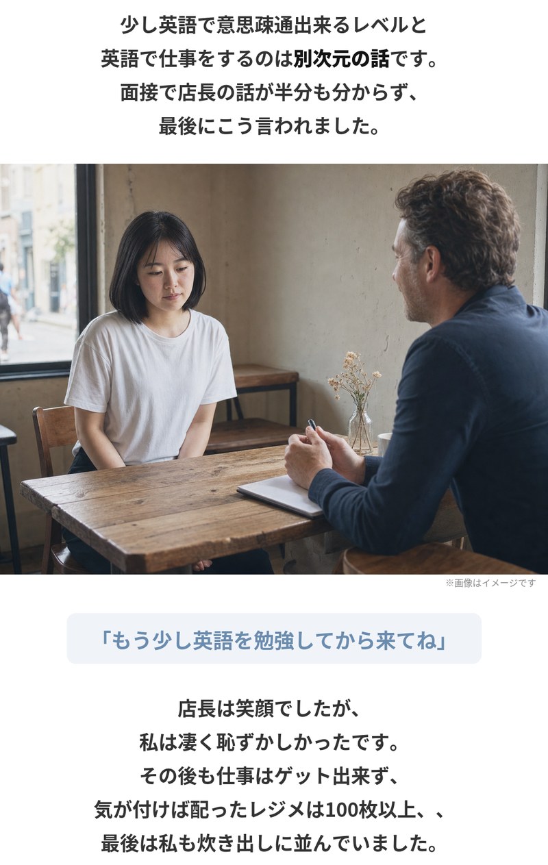 少し英語で意思疎通できるレベルと、英語で仕事をするのは別次元の話。面接で店長の話が半分も分からず、最後に「もう少し英語を勉強してから来てね」と言われました。その後も仕事は取れず、配ったレジメは100枚以上、最後は炊き出しに並んでいたといいます。