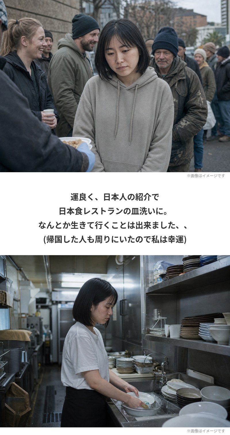 炊き出しの列に並ぶ場面と、日本食レストランの厨房で皿を洗う場面。運良く日本人の紹介で日本食レストランの皿洗いの仕事に就き、なんとか生きていくことはできた。帰国した人も周りにいたので自分は幸運だった、と振り返っています。