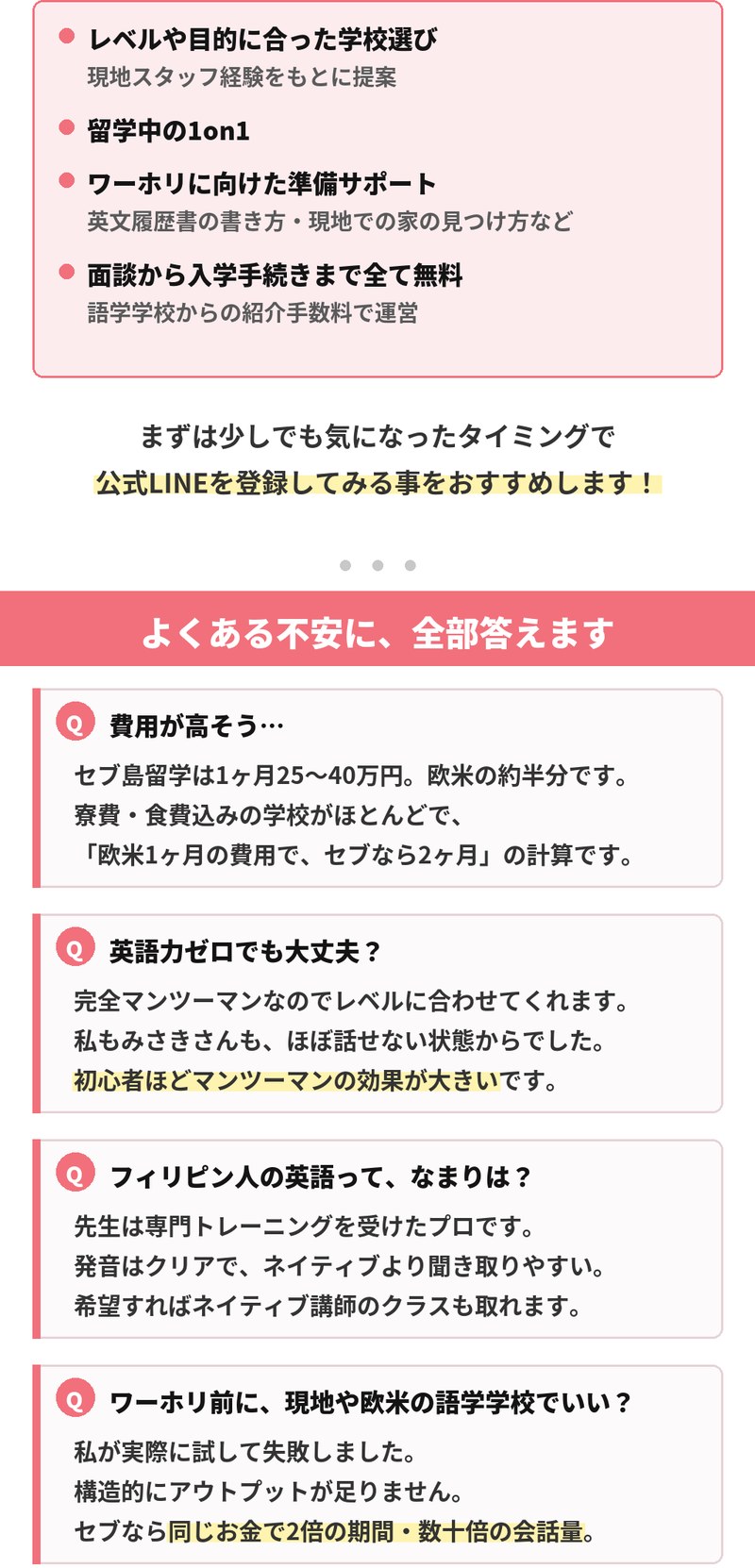 サポート内容は、レベルや目的に合った学校選び、留学中の1on1、ワーホリに向けた準備サポート、面談から入学手続きまで全て無料で、語学学校からの紹介手数料で運営しています。よくある不安への回答として、費用はセブ島留学が1ヶ月25〜40万円で欧米の約半分、英語力ゼロでも完全マンツーマンでレベルに合わせてくれる、フィリピン人の先生は専門トレーニングを受けたプロで発音はクリア、ワーホリ前に現地や欧米の語学学校では構造的にアウトプットが足りない、と説明しています。